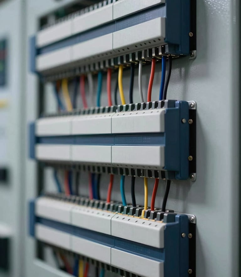 Close-up of a high-tech electrical control panel with organized wiring and digital components. Professional lighting, shallow depth of field, featuring metallic silver and dark blue tones to reflect reliability and modern technology.