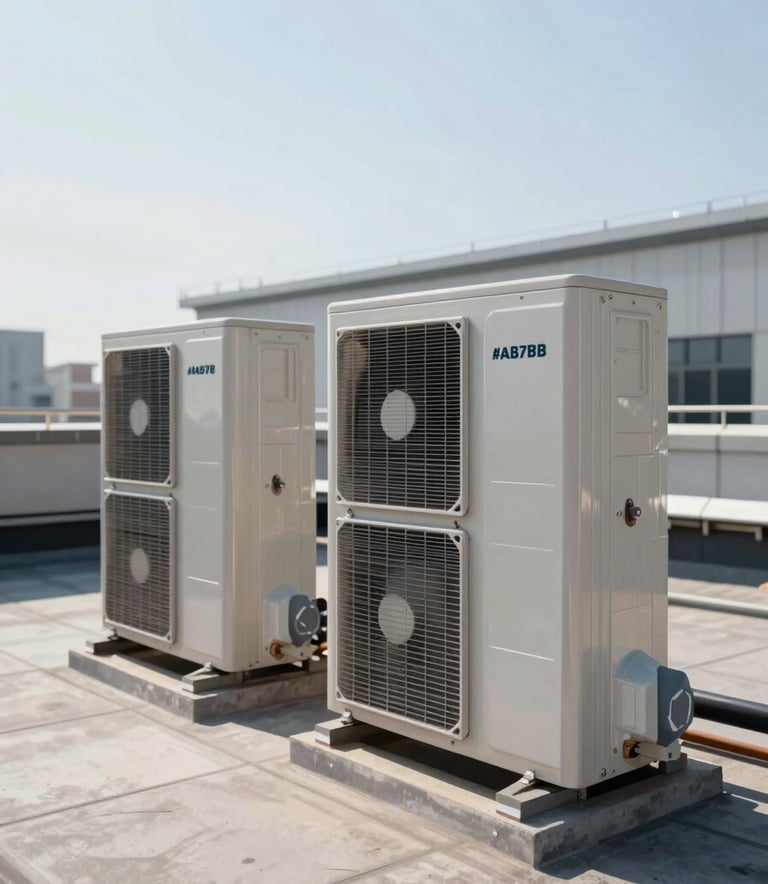 External industrial HVAC air conditioning units installed on a clean, modern rooftop. The composition shows precision engineering with metallic finishes in #AAB7B8 and deep shadows in #1E2A38 under a clear, bright sky.