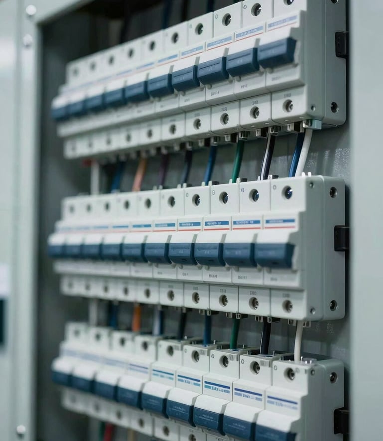 A high-precision view of a modern electrical distribution board with neatly organized wiring and circuit breakers. The aesthetic is clean and industrial, featuring a professional color palette of #34495E and metallic #AAB7B8 tones. High contrast, sharp focus on technical details.