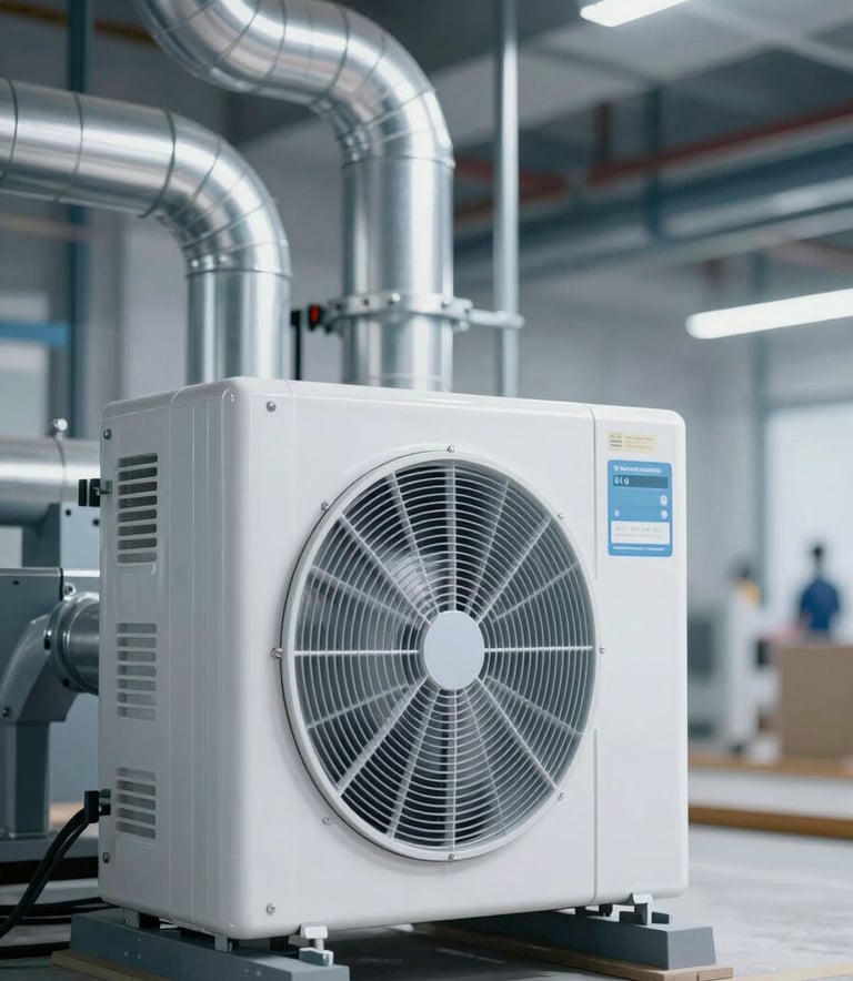 A modern industrial HVAC installation featuring clean ductwork and silver pipes against a professional construction background. The lighting is crisp, highlighting the precision of the installation with a palette of #34495E and #F8F9F9.