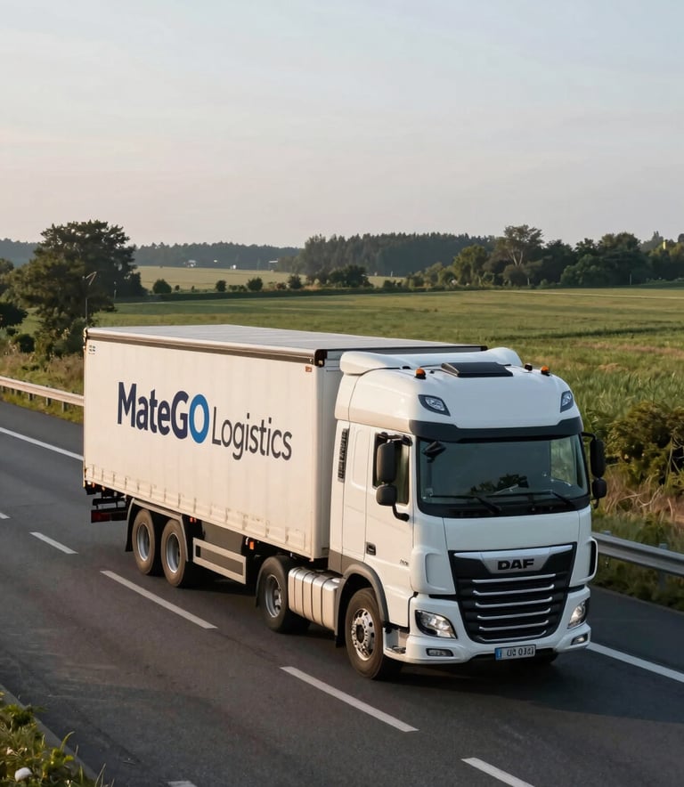 A wide shot of a white DAF xf 480 truck with a 'MateGO Logistics' branded trailer driving on a modern highway through a scenic Central European / Polish landscape, morning light, clean and minimalist composition.