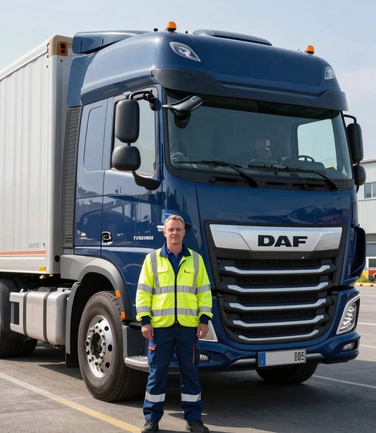 A professional logistics specialist in high-visibility attire standing next to a sleek navy blue DAF xf 480 truck in a modern Central European / Polish industrial zone, bright daylight, steel blue and silver blue tones.