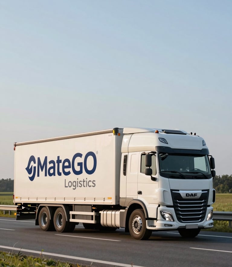 Side profile of a modern white DAF XF 480 truck with a trailer featuring a minimalist MateGO Logistics logo in deep navy blue, driving on a clean highway in a Central European / Polish landscape during a bright morning.