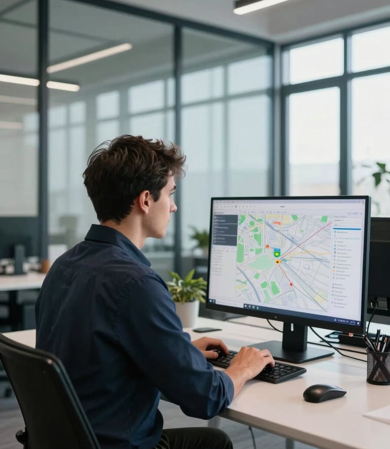 A professional logistics coordinator in a modern Central European / Polish office setting, looking at digital maps on a screen, minimalist glass office interior with steel blue accents, bright daylight.