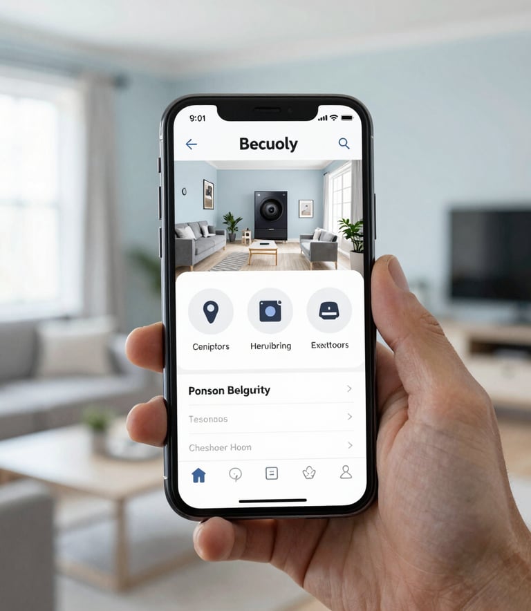 A close-up photograph of a smartphone displaying a home security interface, held by a person in a bright, modern North American living room. The lighting is clean and professional, with soft pale blue and white tones in the background.