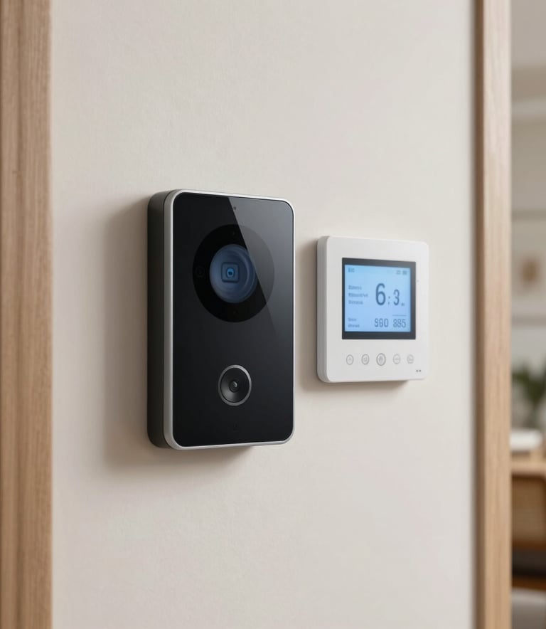 A sleek, modern smart home security panel and a digital thermostat mounted on a clean off-white wall in a contemporary North American home.