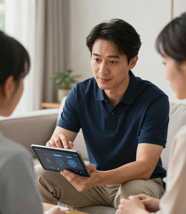 A professional consultant in a navy blue polo shirt assisting a resident with a smart home tablet interface in a bright, modern North American living room.