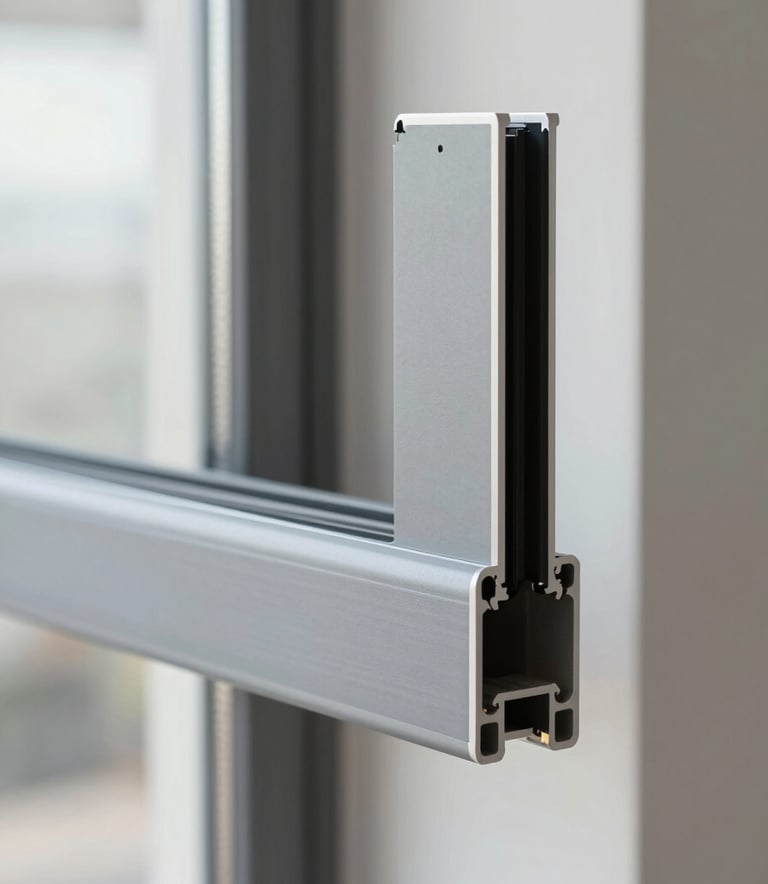 Close-up of a high-end aluminum window frame installation in a minimalist apartment. Precision engineering visible in the joints. Professional lighting, palette focusing on #A0AEC0 and #1A202C tones.