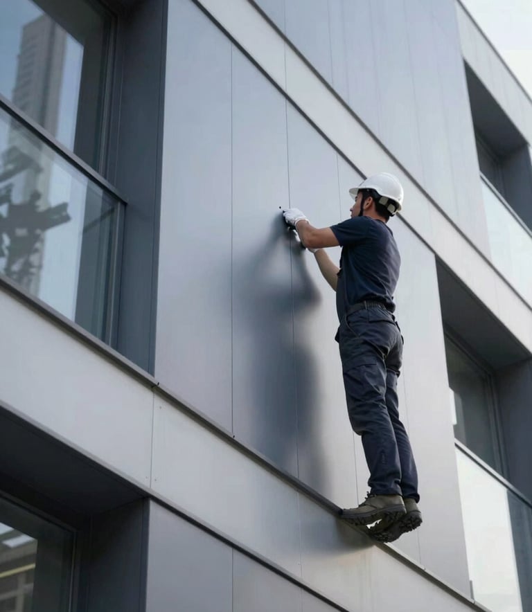 Detailed view of professional ACM cladding being installed on a contemporary building. The finish is smooth and metallic. Aesthetic highlights precision and quality of work. Colors: #4A5568 and #EDF2F7.