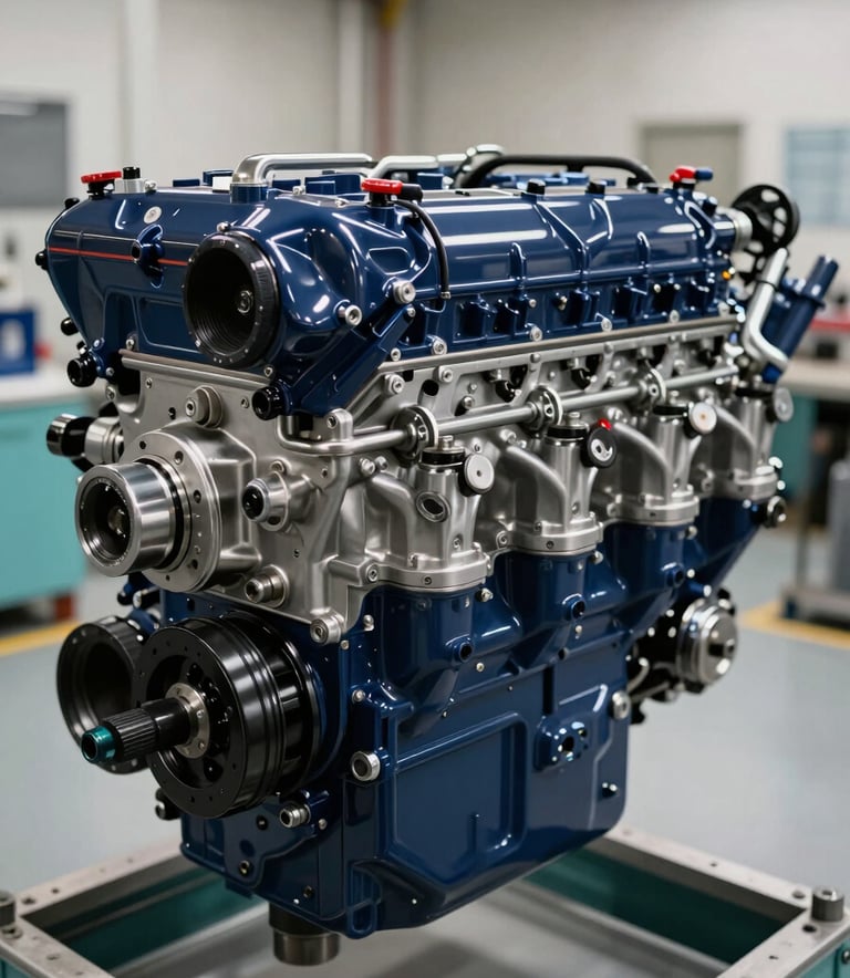 A close-up, professional photograph of a high-performance marine diesel engine. The engine features Deep Navy Blue and polished metal parts, sitting in a clean, well-lit engine room with Steel Teal accents. The lighting is bright and efficient, highlighting the robust engineering.