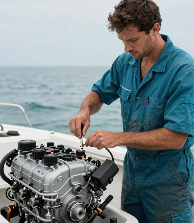 A skilled marine technician in Steel Teal overalls working precisely on a gasoline boat engine. The composition is a medium shot showing the technician's hands using professional tools, with a Sea Mist Blue ocean background visible through a portal.