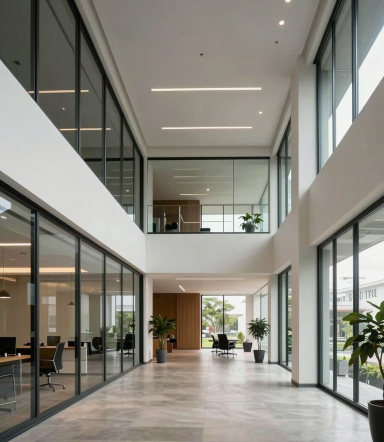 An wide-angle architectural shot of a modern, clean South American corporate office interior with glass walls and professional atmosphere, lit with soft natural light.