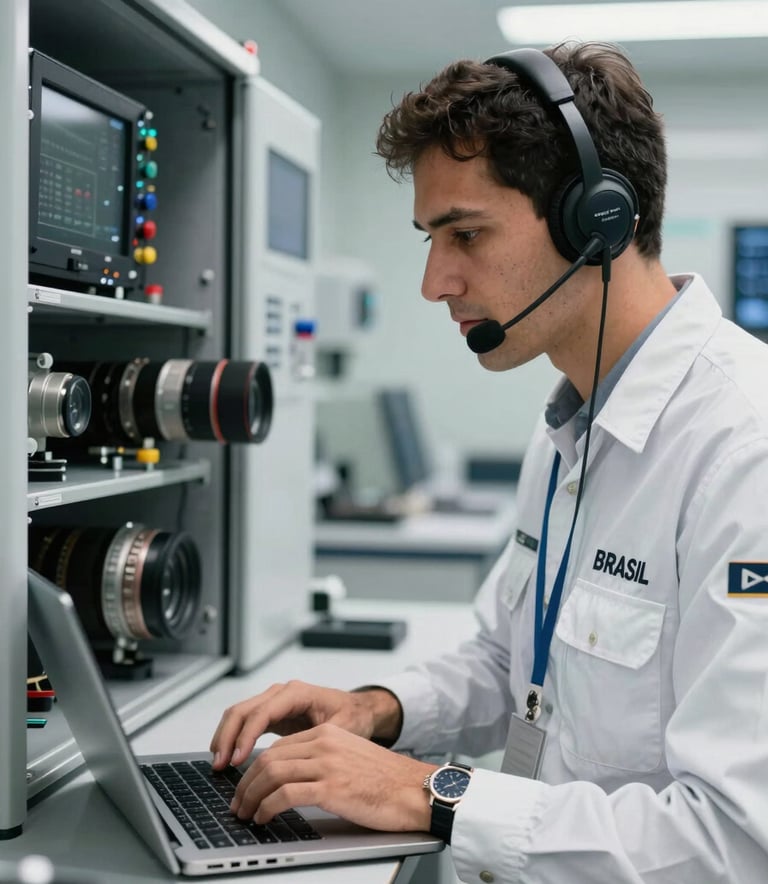 A South American / Brazilian technical expert in a clean uniform using a laptop and headset to troubleshoot aviation systems, modern bright lab environment with a professional aesthetic.