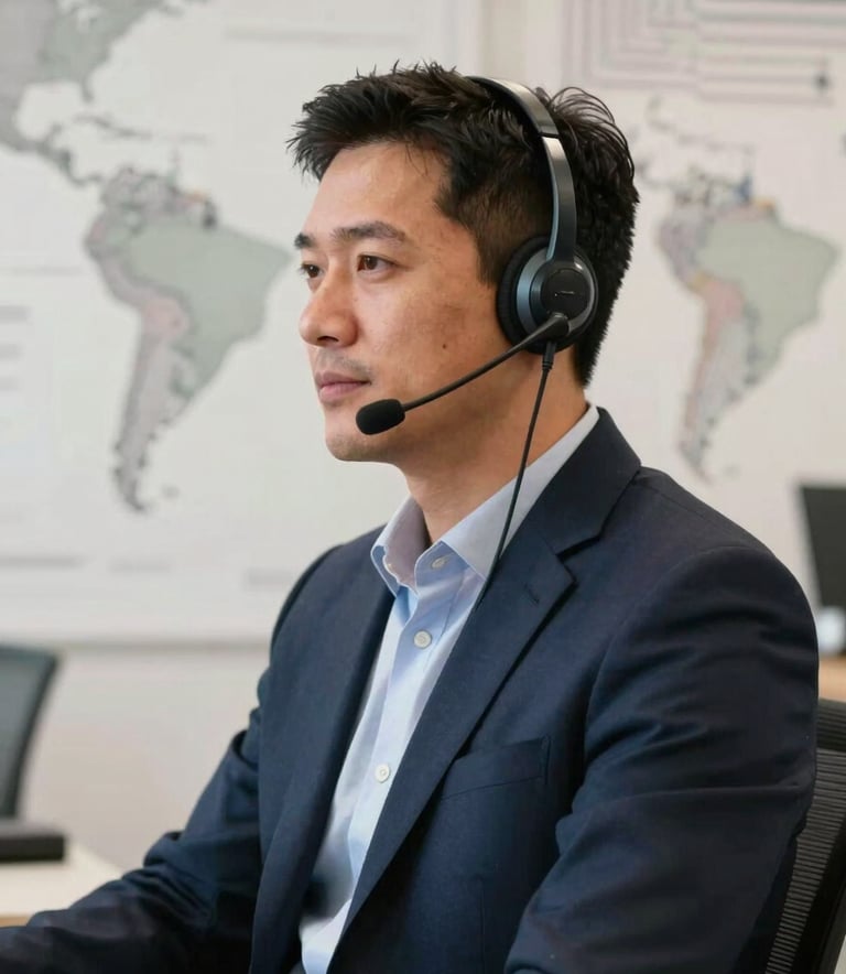 A professional telecommunications operator wearing a high-tech headset in a modern South American / Brazilian office, background features faint circuit patterns and maps, professional natural lighting, navy and off-white color palette.