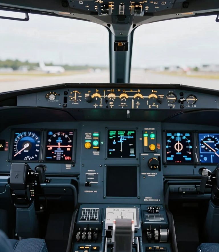 A close-up photograph of a modern aircraft cockpit in a South American / Brazilian hangar, focusing on the high-tech glowing instrument panels with dark navy and light blue accents, sharp focus, professional lighting.
