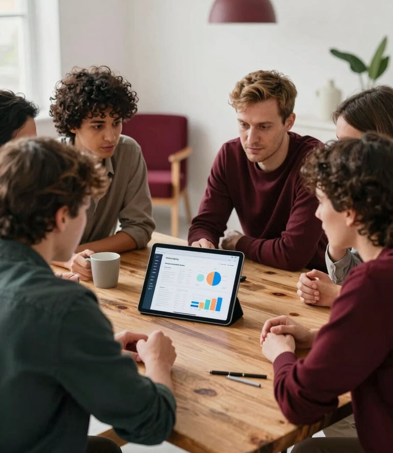 A team of creative professionals at Pomodoro Agency brainstorming around a rustic wooden table. They are looking at a digital tablet showing social media analytics. The environment is a bright, modern studio with Scandinavian furniture and subtle Deep Ripe Crimson accents.