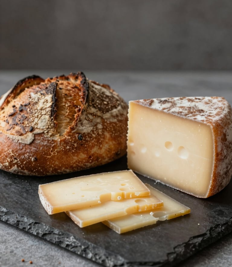 Close-up of artisanal sourdough bread and aged cheese on a dark stone platter, Scandinavian minimalist style, cozy atmosphere with warm lighting, showcasing textures and authentic food quality.