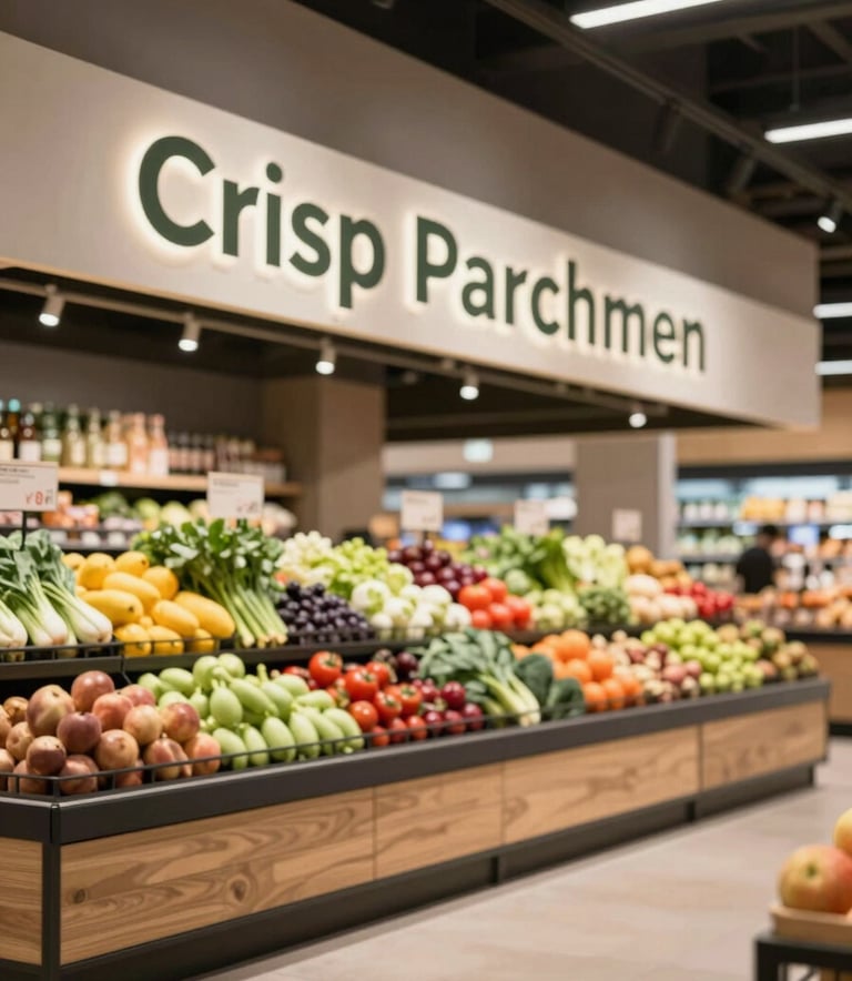 A modern food market interior with clean lines, minimalist signage in Crisp Parchment, and vibrant fresh produce displays. Scandinavian architectural style, high-end look.
