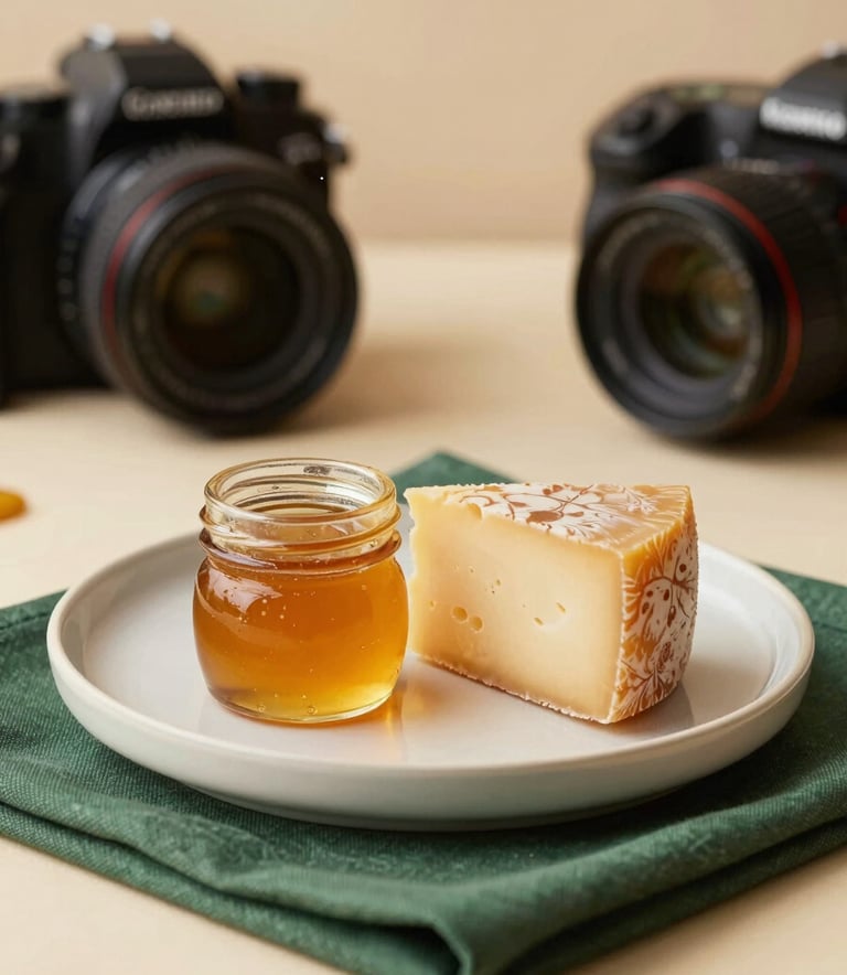 A professional food photography setup in a studio with warm, natural light. A high-end minimalist plate of artisanal local honey and cheese is being shot with a professional camera. The scene uses Crisp Parchment backdrops and features a Matte Forest Green napkin, reflecting a sophisticated Scandinavian aesthetic.