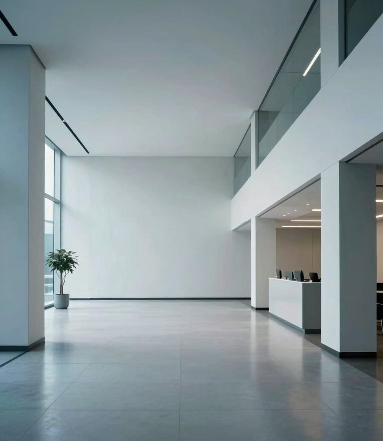 A minimalist, wide-angle interior shot of a clean and professional corporate lobby in North America, featuring polished floors and modern architectural lines in muted blue and white tones.