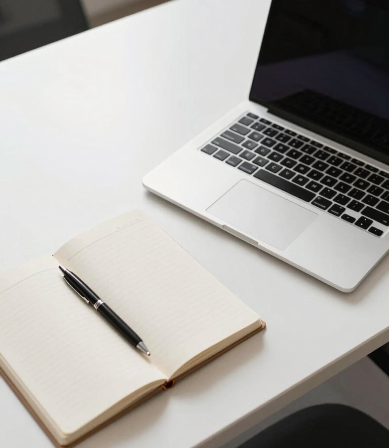 A top-down professional photography shot of a clean, modern white desk with a laptop, a notebook, and a sleek pen. Bright natural light floods the North American office space, creating a professional and clear atmosphere with soft shadows.