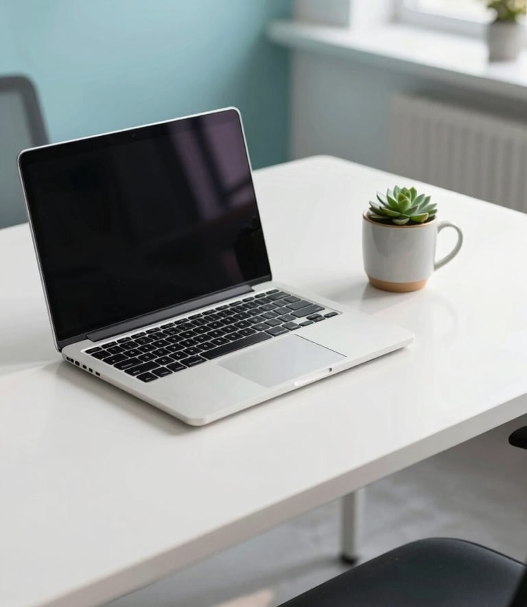 A high-angle, bright photograph of a clean, white modern desk featuring a silver laptop, a ceramic coffee mug, and a small green succulent. The background is a professional North American office space with soft morning light, incorporating sky blue and very light cyan accents.