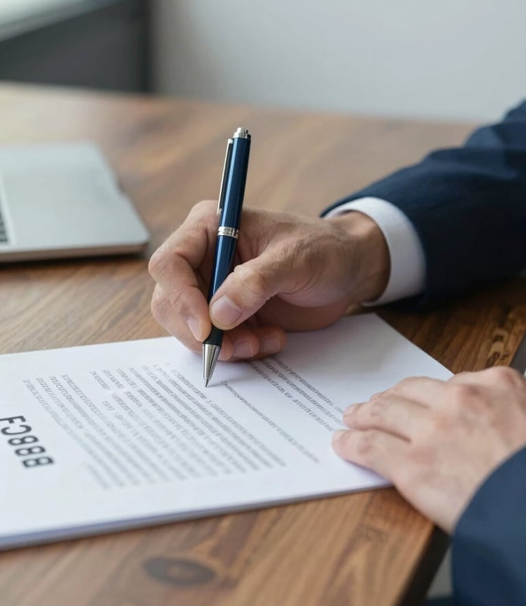 A close-up shot of a professional signing a secure document on a wooden desk. The composition is focused on the hand and the pen, suggesting trust and legality. The lighting is bright and natural. The scene includes subtle accents of #3D6B90 and #BCCBD4 in the desk accessories and paper details, reflecting a modern financial environment.