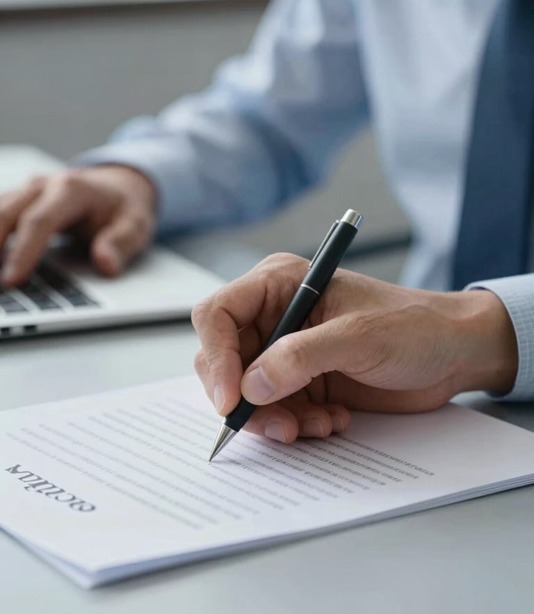Close-up of hands signing a document on a sleek desk, professional atmosphere, emphasizing financial stability and precision, featuring palette colors #3D6B90 and #BCCBD4.