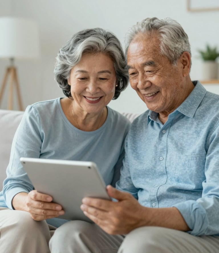 A happy senior couple sitting comfortably on a sofa, looking at a tablet with smiles of relief, modern living room with soft lighting, incorporating #BCCBD4 and #F5F7F8 tones.