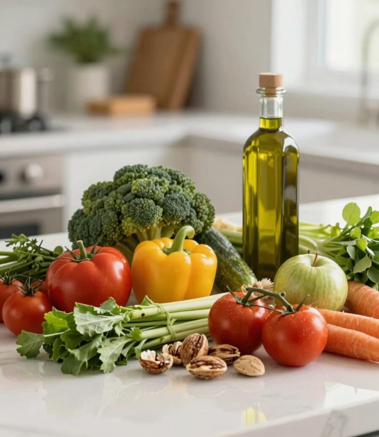 A beautifully arranged selection of fresh vegetables, nuts, and high-quality olive oil on a kitchen counter. Bright, airy photography emphasizing health and nature. Colors: #84A98C and #F5F5DC.