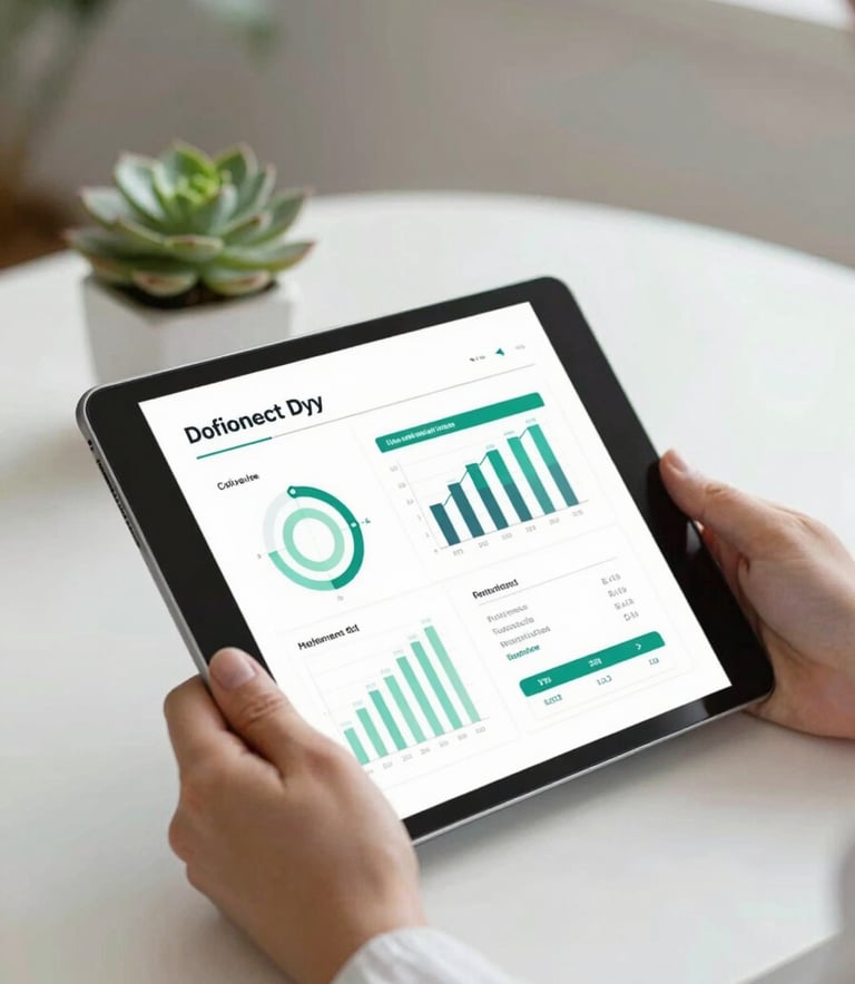 Close-up of a nutritionist's hands holding a tablet with health charts, sitting at a clean modern desk with a succulent plant. High-end, professional lighting, incorporating #52796F tones and #F5F5DC textures.