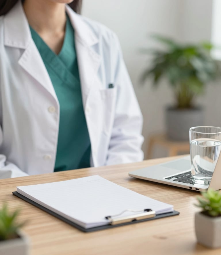 A modern and professional nutritionist's workspace featuring a clean wooden desk, a minimalist notepad, a glass of water, and a small green plant. The atmosphere is calm, trustworthy, and approachable, using a palette of #52796F and #F5F5DC.