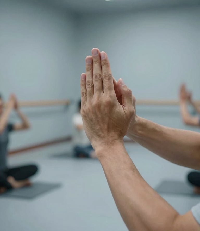 A serene North American indoor training space with clean lines and light blue-grey walls. The composition shows a close-up of hands performing a meditative Qi Gong gesture, reflecting precision and calm professionalism.