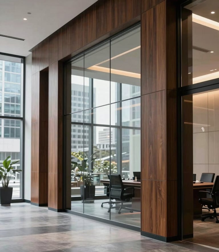 A sophisticated, high-end office interior with glass walls and dark wood accents in a North American business district. The lighting is soft and professional, reflecting an atmosphere of institutional trust and corporate excellence.