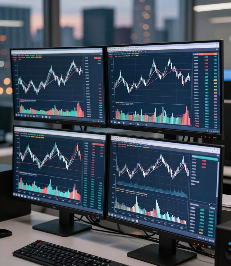 A sleek, high-end North American trading desk with multiple monitors displaying complex financial data and candlestick charts in shades of navy and grey-blue. The background shows a blurred International cityscape at dusk.