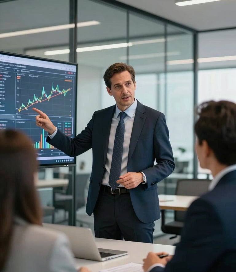 A professional North American business mentor in a modern glass-walled office, gesturing towards a digital display showing market trend analysis to a focused colleague. Sophisticated atmosphere with cool blue and off-white lighting.