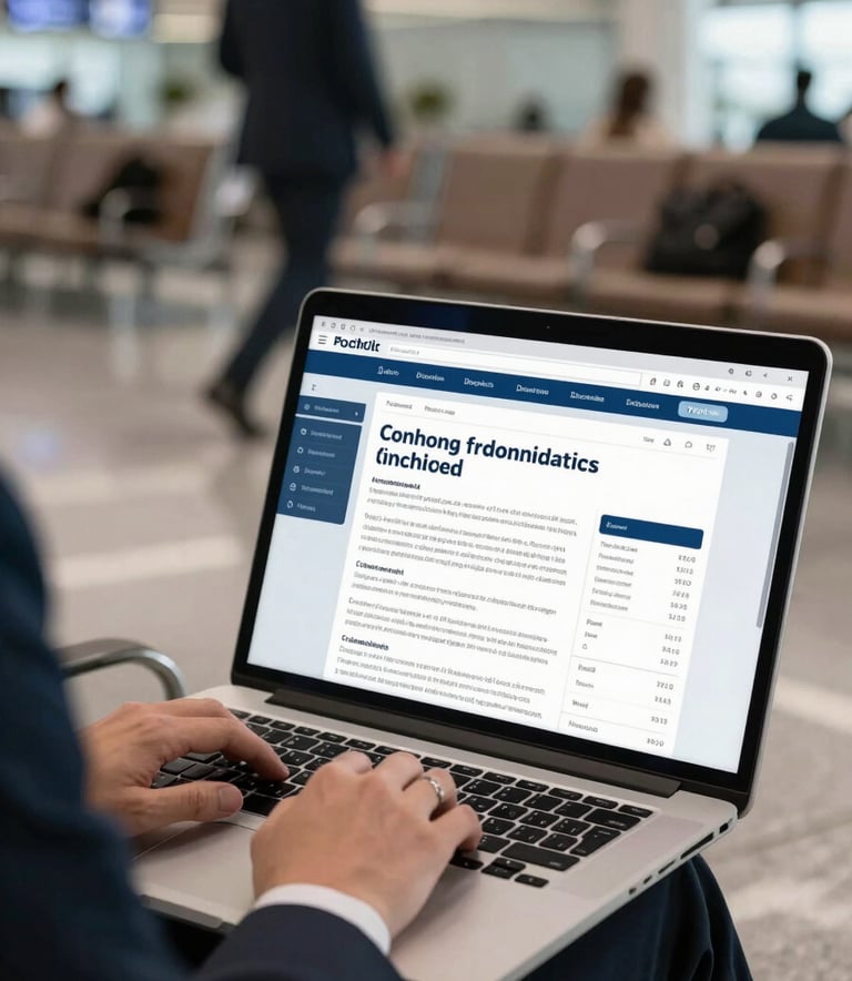 A person in a professional suit using a high-quality laptop in a modern International airport lounge. The screen shows educational financial content. The composition is clean and focused, using a shallow depth of field.