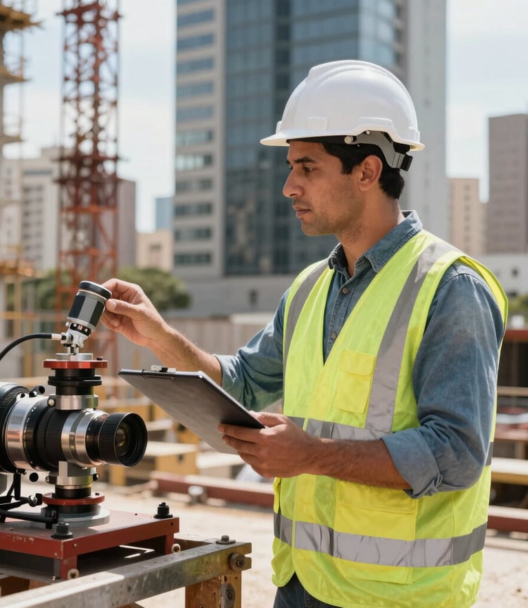 A professional South American construction specialist in safety gear inspecting a complex technical installation, sharp focus, natural daylight, modern urban construction site background in Brazil, professional and technical mood.