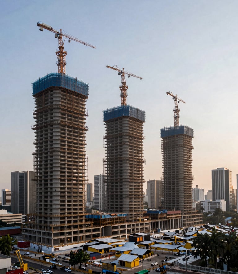 A wide angle shot of a sophisticated architectural project under specialized construction in a major South American city, soft morning light, showcasing structural complexity and modern engineering.