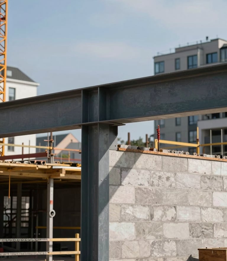 A detailed photograph of a commercial construction project in a Northern European city, focusing on the strong steel beam assembly and modern masonry, shot during the day with crisp, natural lighting.