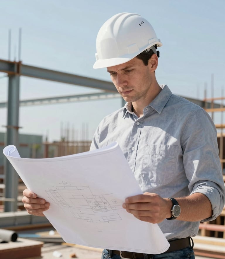 A high-resolution photograph of a professional Northern European architect in a white hard hat reviewing blueprints on a bustling construction site, with steel frames and light blue slate sky in the background, clean and professional lighting.