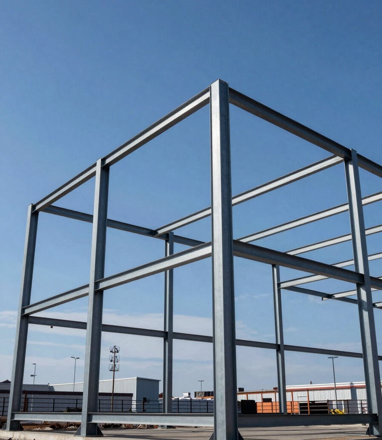 A low-angle shot of a steel skeleton for a large commercial structure in a Northern European industrial park, clear blue sky, sharp focus on structural beams, professional construction site photography.