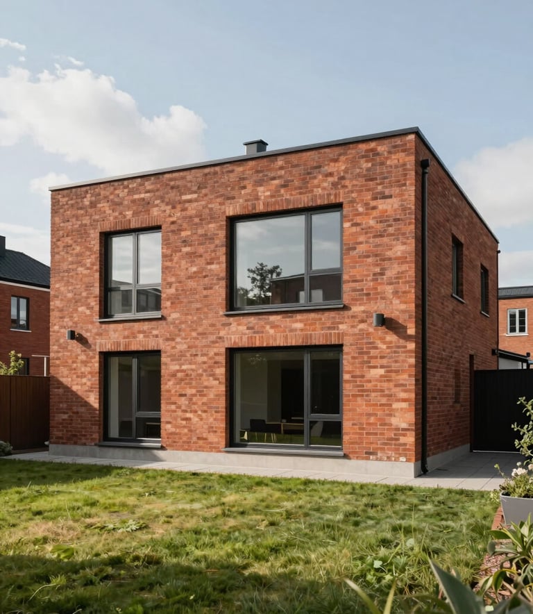 A modern, high-end brick-built residential home with large windows and a clean lawn, situated in a quiet Northern European neighborhood, daytime lighting, crisp focus.