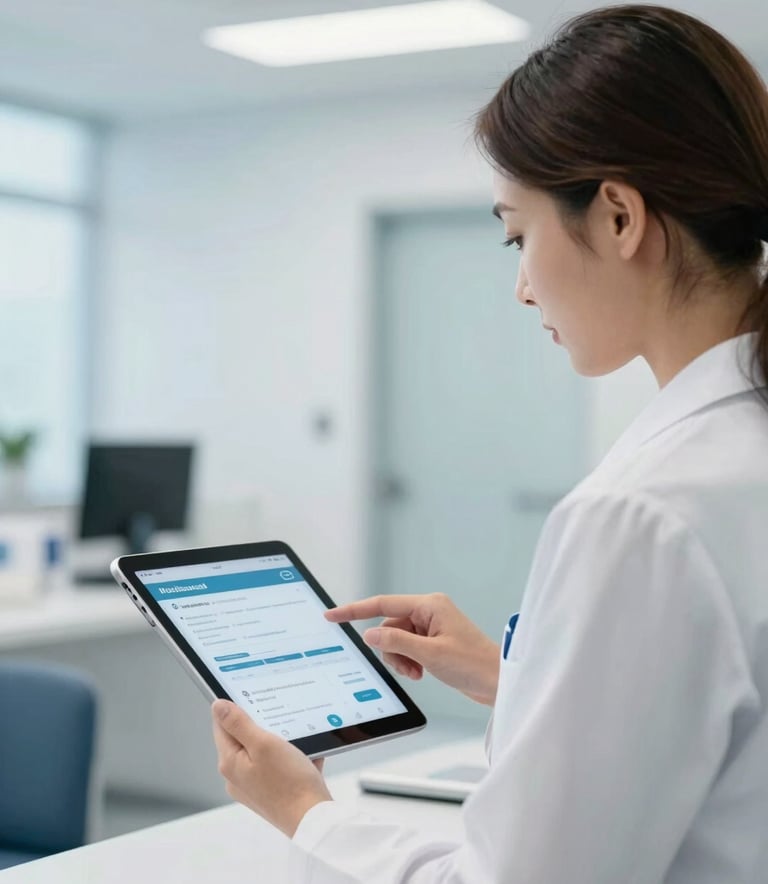 A modern, brightly lit North American hospital administration office. A professional administrator uses a high-tech tablet with a clean user interface. The background features soft light blue and white colors, clean lines, and a sense of calm, efficient healthcare technology.