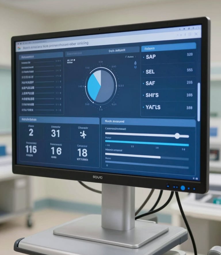 A clean, well-lit North American medical facility focus on a high-definition screen displaying a modern patient management dashboard in Steel Blue and Soft White.