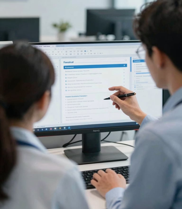 A close-up of a collaborative workspace in a North American medical technology office. Two professionals in modern business attire discuss data on a large monitor showing clean, professional software interfaces. Lighting is bright, natural, and the color palette features medium blue and soft white tones.