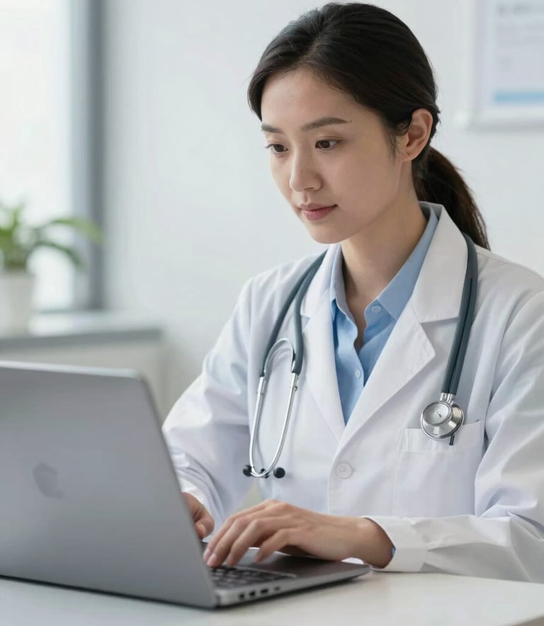 A close-up of a professional healthcare administrator in North American business attire using a sleek, modern laptop in a bright, Soft White medical office setting with Steel Blue accents.