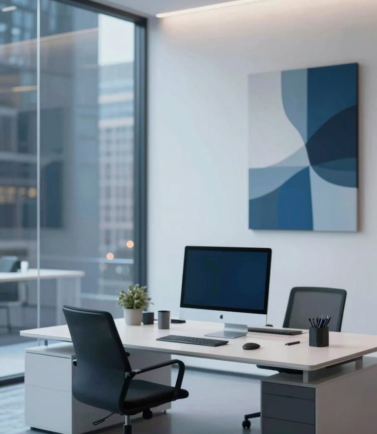 A minimalist, sleek workspace featuring high-end tech, a glass wall reflecting city lights, and an abstract digital art piece. The lighting is crisp and modern, incorporating shades of #2D4A6B and #A7BCCD to create an atmosphere of professional innovation.