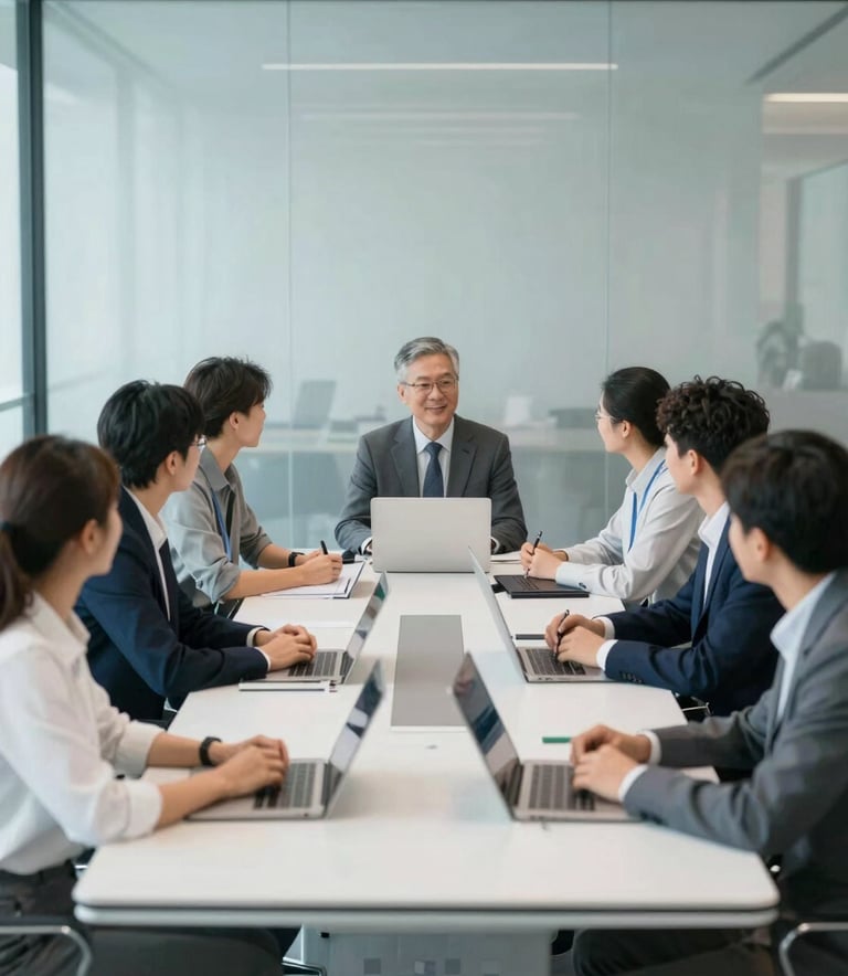 A diverse group of entrepreneurs in a bright, modern glass-walled boardroom. The atmosphere is collaborative and professional, with a color palette emphasizing #F5F8FA and subtle blue accents.