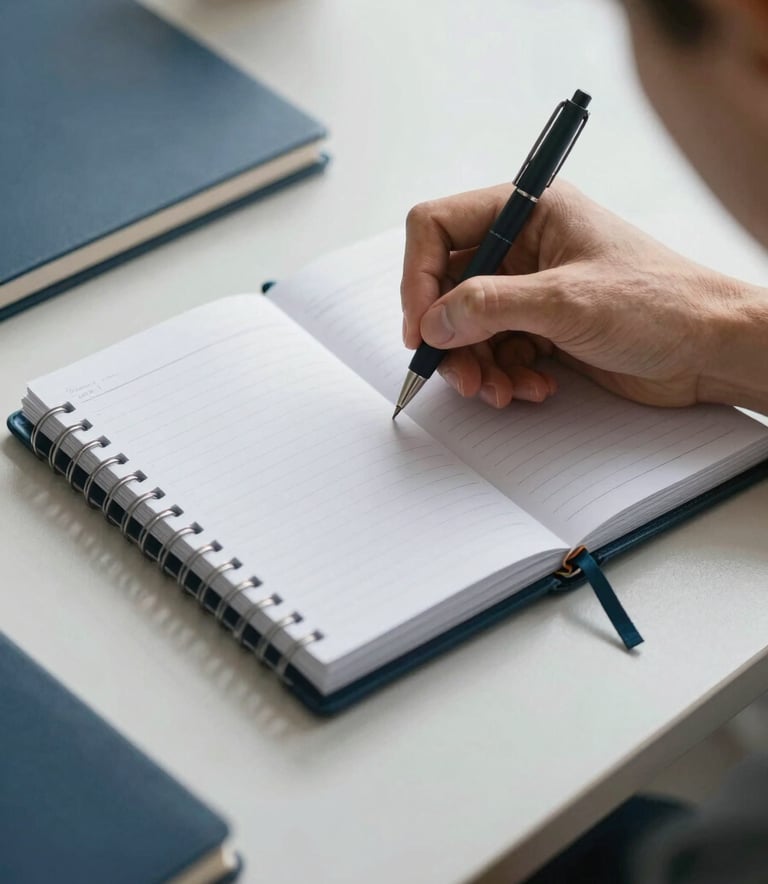 A high-quality photograph of a person writing in an organized planner on a light grey desk. The scene conveys focus and professionalism, with steel blue and deep navy blue elements visible.